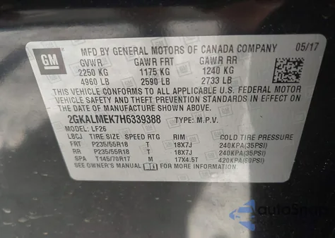 2017 GMC Terrain Sle-1 из США, поврежденный, VIN 2GKALMEK7H6339388